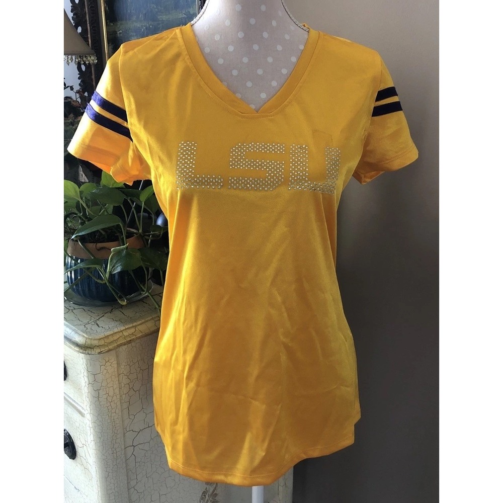 LSU Tigers Shirt Women's Small 4/6 Yellow NCAA V-Neck Short Sleeve Rhinestones